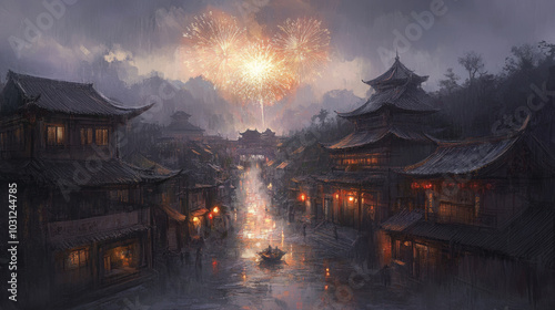 New Year's Eve Fireworks Over Tranquil Village at Midnight