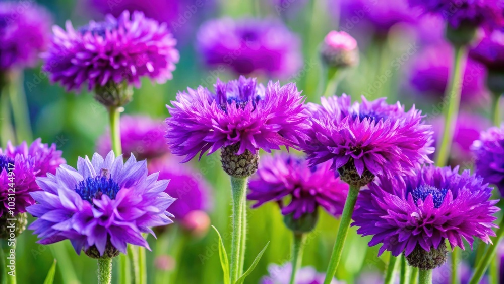 Fototapeta premium Close-up of vibrant purple cornflowers in a garden, cornflower, close-up, garden, purple, flowers, plants, nature, blossoms, petals