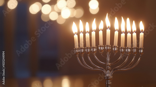 A close-up, high-quality photograph of a traditional Hanukkah menorah with candles lit, casting a soft, warm glow in a minimalist room