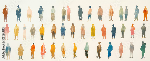 a grid of tiny watercolor people, each person is different color and style in muted tones, full body shot, simple illustration, minimalistic