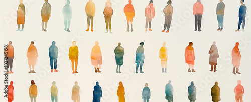 a grid of tiny watercolor people, each person is different color and style in muted tones, full body shot, simple illustration, minimalistic