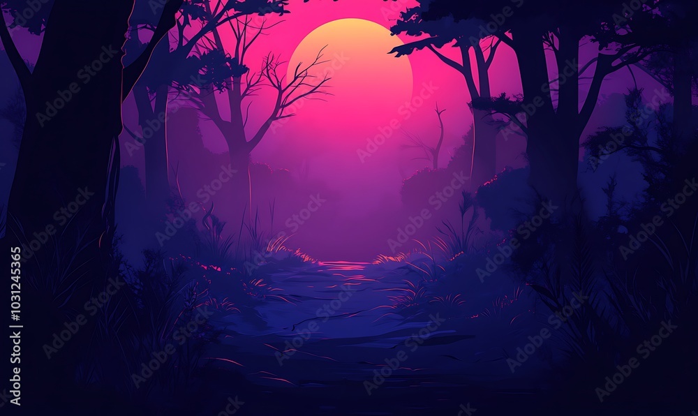 Obraz premium A Pathway Through a Purple and Blue Forest at Sunset