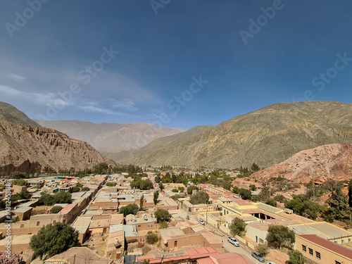 Aerial view of the village of Purmamarca surrounded by mountains