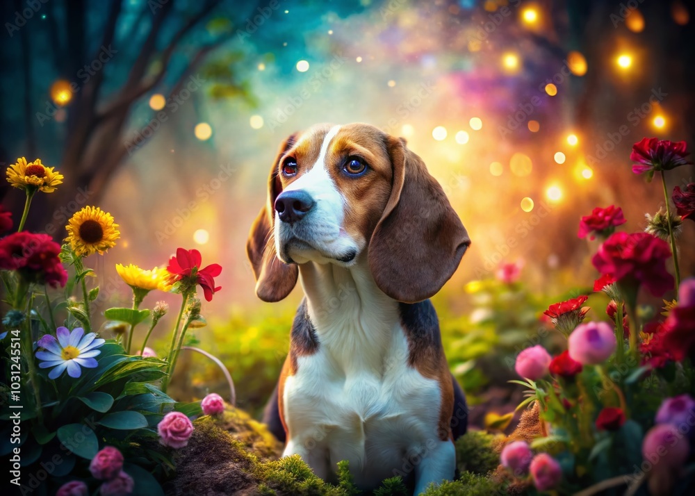 Adorable Beagle Dog Portrait in Enchanting Backyard Setting - Surreal Dog Photography Adorable Beagle Dog Portrait in Enchanting Backyard Setting - Surreal Dog Photography