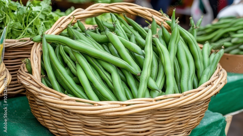 Fresh Green Beans in a Woven Basket Display Fresh Green Beans in a Woven Basket Display