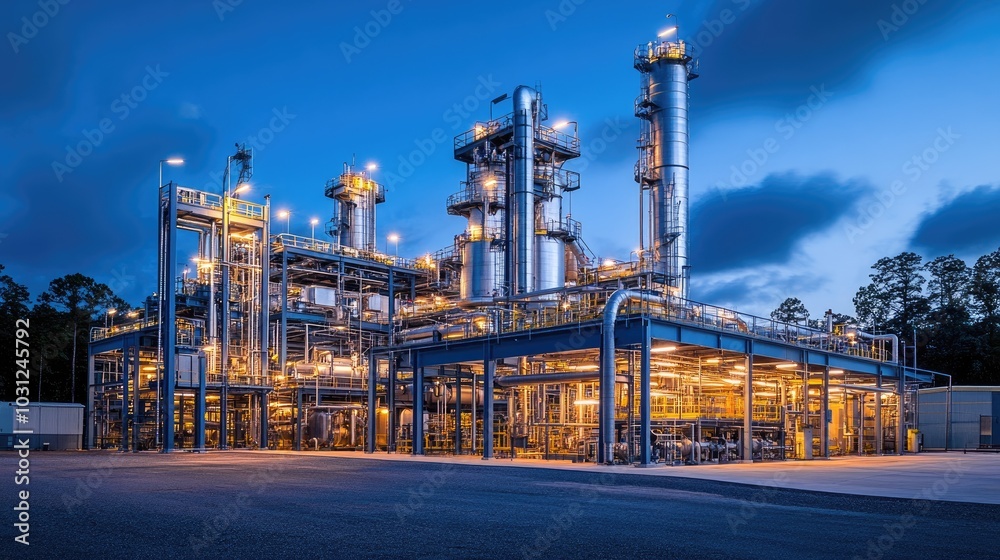 Obraz premium Industrial Facility at Dusk with Illuminated Structures