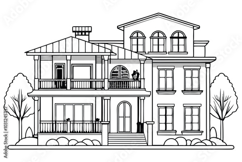 Abstract Two-Story House, Continuous Line Art with Big Terrace in Black on White Background illustration.