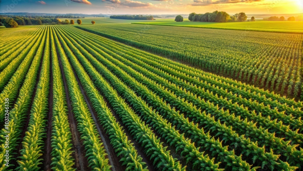 Aerial view of a lush corn field with rows of crops stretching into the distance, corn, field, drone, perspective, agriculture Aerial view of a lush corn field with rows of crops stretching into the distance, corn, field, drone, perspective, agriculture