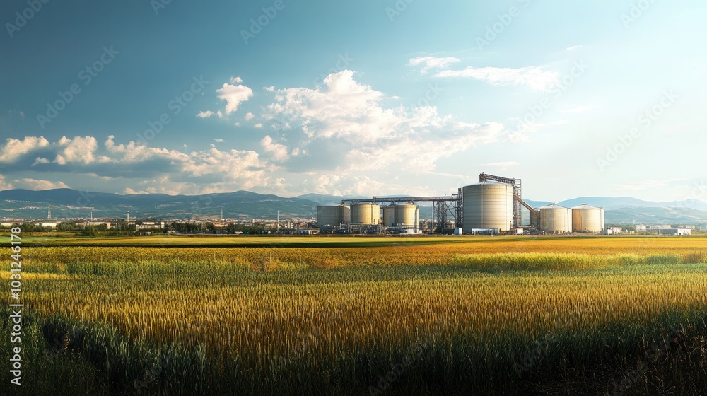 Industrial Landscape with Silos and Golden Fields Industrial Landscape with Silos and Golden Fields