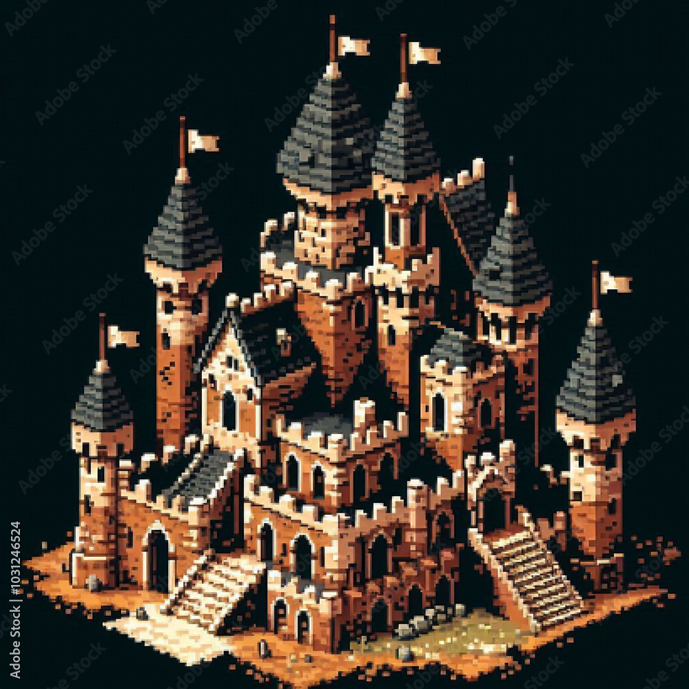 Isometric pixel art medieval castle Isometric pixel art medieval castle