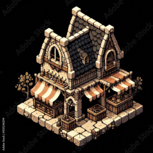 Isometric pixel art medieval market