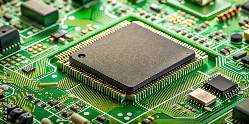 Close-up of a green electronic PCB circuit with microchip CPU and components, selective focus, green, electronic, PCB Close-up of a green electronic PCB circuit with microchip CPU and components, selective focus, green, electronic, PCB