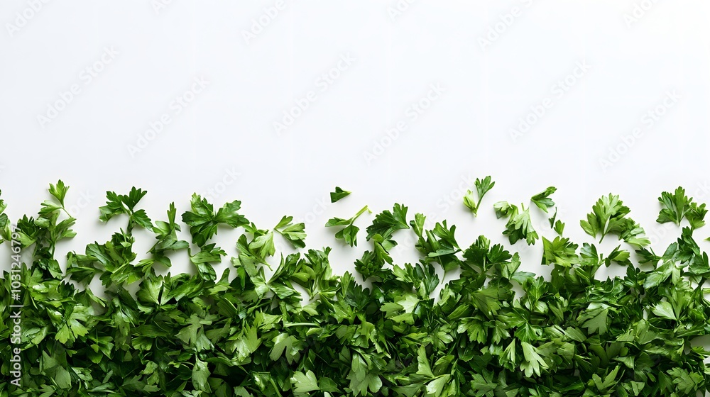 chopped parsley leaves isolated on white background with copy space above. chopped parsley leaves isolated on white background with copy space above.