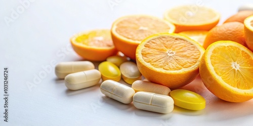 Vitamin C pills on a white background, vitamin C, supplements, health, immune system, antioxidant, citrus, oranges, tablets