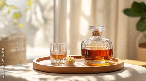 Glass of Whiskey on Wooden Tray with Decanter and Flower