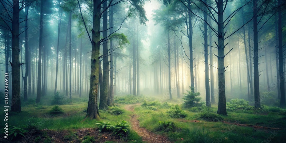 Obraz premium Foggy forest in a misty day, creating a spooky and eerie atmosphere, foggy, forest, misty, spooky, woods, cold, morning, horror