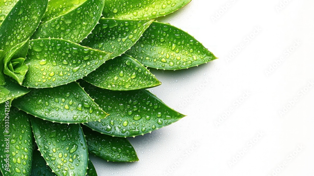Obraz premium Close-up of succulent plant leaves with water droplets on a white background.