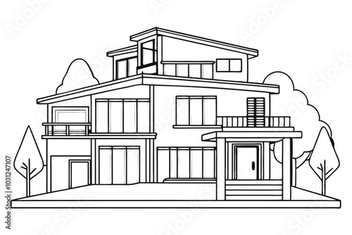 Abstract Two-Story House, Continuous Line Art with Big Terrace in Black on White Background illustration.