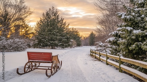 Snowy Winter Path with Sleigh at Sunset