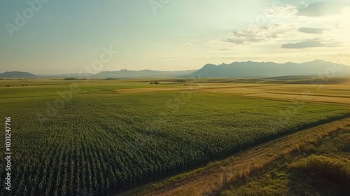 A panoramic aerial view of a vast cornfield with rolling hills in the background, during a sunset.