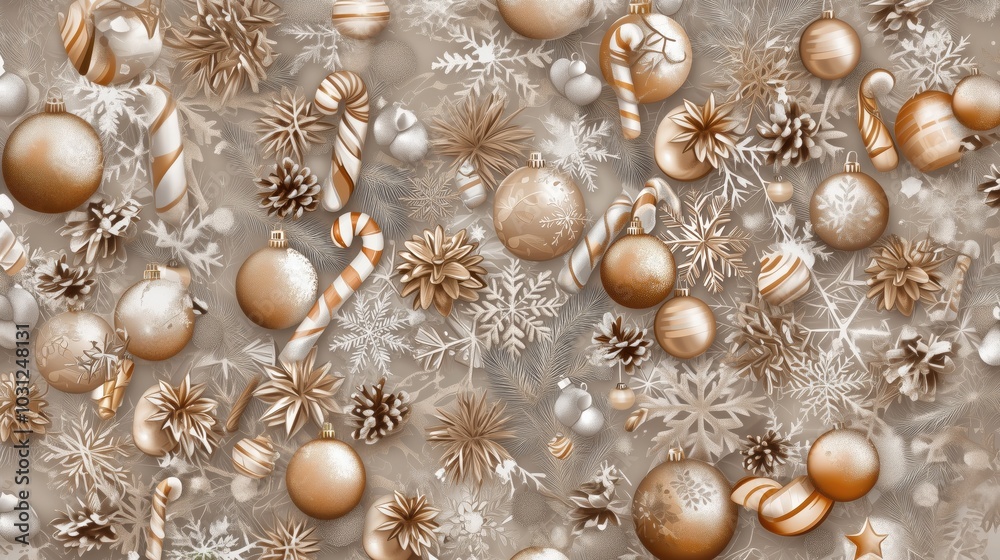 Christmas decoration pattern, mixture of festive ornaments, including snowflakes, baubles, holly leaves, candy canes, stars, and bells. Christmas decoration pattern, mixture of festive ornaments, including snowflakes, baubles, holly leaves, candy canes, stars, and bells.