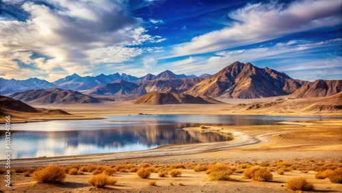 Landscape with mountains, lake, and dried desert , Global warming, climate change, environment, nature, scenery, scenic