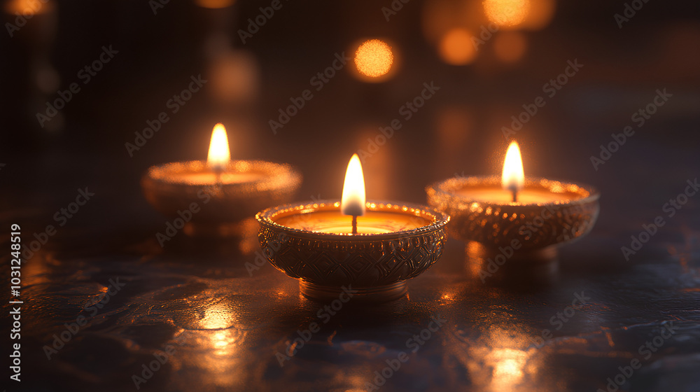 Three ornate candlesticks with lit flames sit on a dark surface, casting warm reflections and creating a cozy and contemplative atmosphere. Three ornate candlesticks with lit flames sit on a dark surface, casting warm reflections and creating a cozy and contemplative atmosphere.