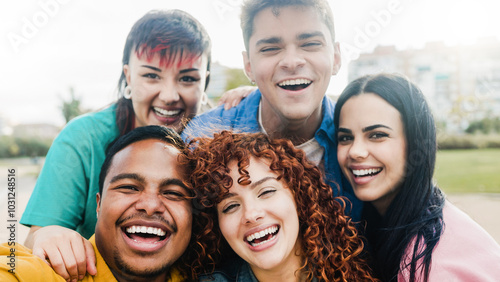 Group of people smiling at camera at city park Happy friends having fun taking selfie picture on travel vacations