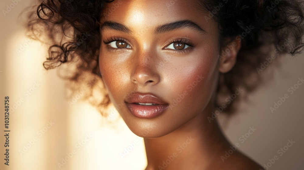 A captivating beauty portrait of a woman with glowing skin and natural makeup in warm lighting A captivating beauty portrait of a woman with glowing skin and natural makeup in warm lighting