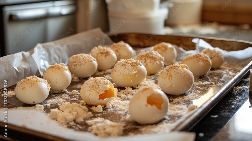 Cracked Eggshells on Baking Tray with Flour Cracked Eggshells on Baking Tray with Flour