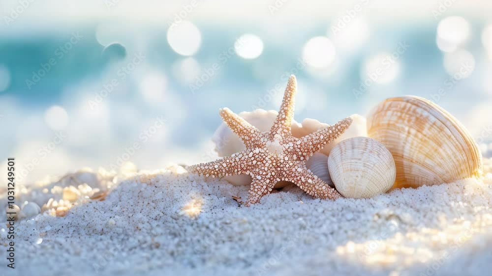 A starfish and various seashells lay on warm sand beside gentle ocean waves, showcasing a serene beach during a bright day