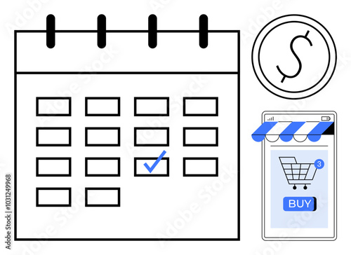 Calendar with marked date, smartphone displaying online shopping cart, and a dollar sign in a circle. Ideal for online shopping, e-commerce, scheduling, financial planning, and reminders. Minimalist