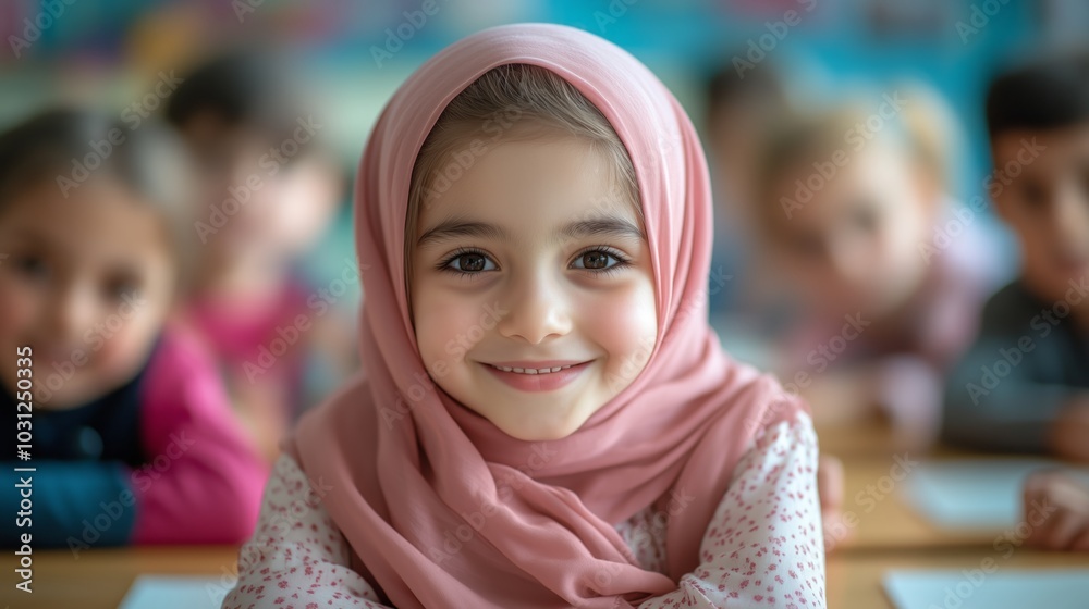 A photo of happy children in a classroom, one girl wearing a pink hijab smiling at the camera with other kids around her A photo of happy children in a classroom, one girl wearing a pink hijab smiling at the camera with other kids around her