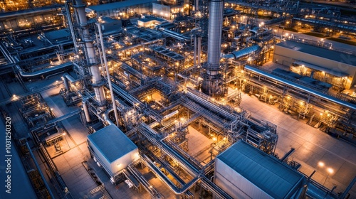 Industrial Plant at Night with Illuminated Pipelines