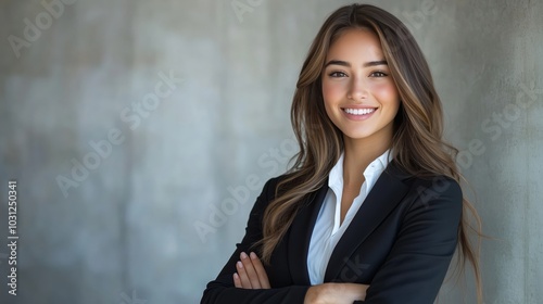 A portrait of an attractive young business woman with long hair smiling, wearing black suit and white shirt standing in front view on the solid background photo