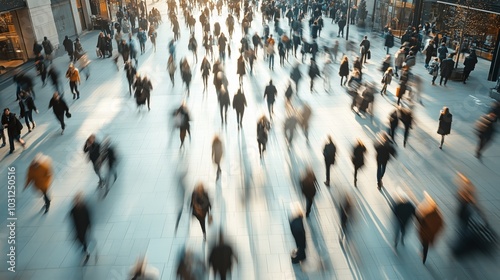 A wide shot of people walking in the city, with motion blur, in daylight, with a long exposure, from a top view