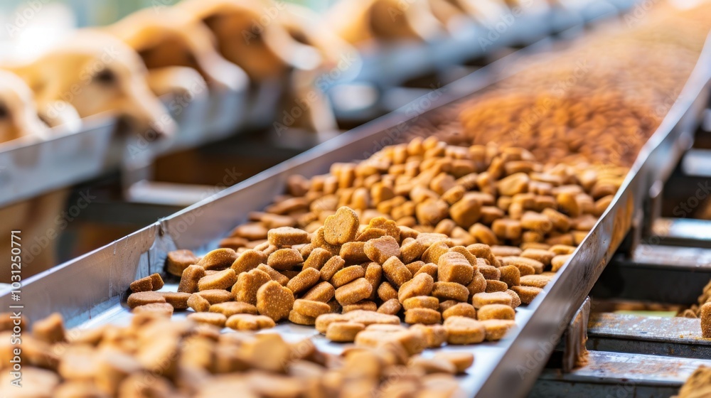 Dog Food Conveyor Belt with a Pile of Kibble Dog Food Conveyor Belt with a Pile of Kibble