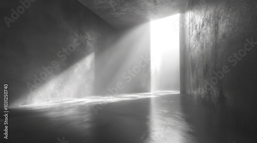 A ray of light shines through an open doorway in a concrete room.