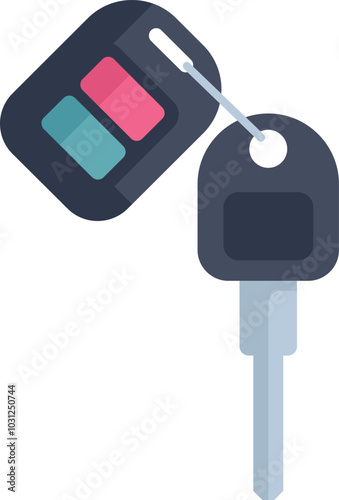 Car key with remote control keyless entry fob hanging on metal ring