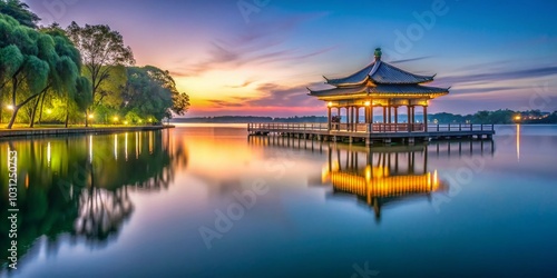 Aerial Long Exposure of Lake Pavilion at Jinji Lake, Suzhou City - Tranquil Water Reflections and City Lights