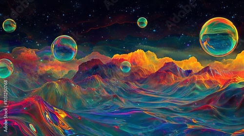 Neon Dreamscapes Liquid Art with Glowing Bubbles photo