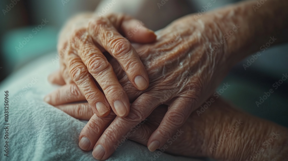 Fototapeta premium Close-up of hands holding each other, with an elderly person gently putting their hand on the wrist and palm of another individual in a care or medical setting.