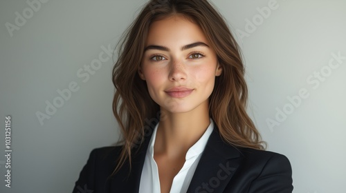 headshot of a beautiful brunette woman in a business suit against a light background