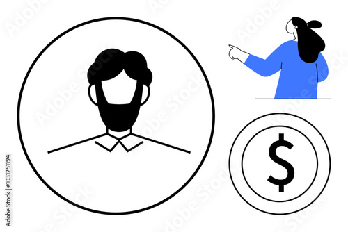 Simple vector design with a person in a circle, an individual pointing, and a dollar sign. Ideal for financial, business, marketing, leadership, and communication themes. Clean and minimal style