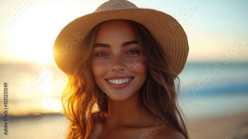 portrait of beautiful woman smiling at the beach wearing sun hat, golden hour