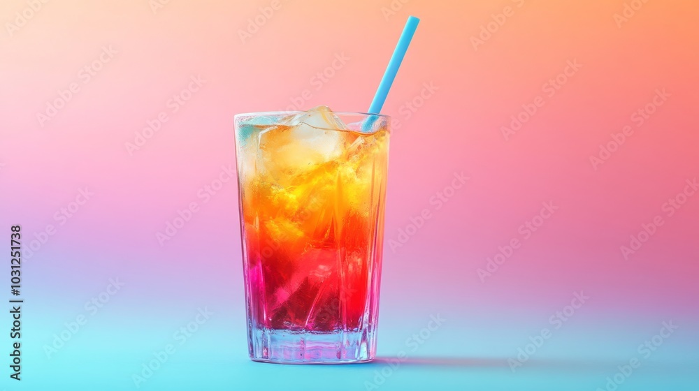 Layered Colorful Drink with Straw Pastel Gradient Background Layered Colorful Drink with Straw Pastel Gradient Background