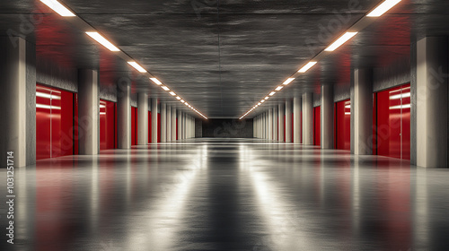 Modern underground parking lot with a white painted floor, LED lighting