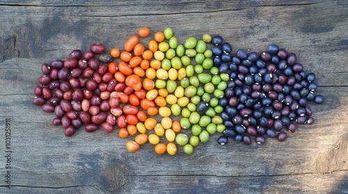 Colorful Arrangement of Various Seeds on Wood Surface