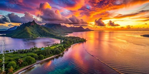 Aerial Sunset Over Tahiti: Serene Minimalist Landscape Photography