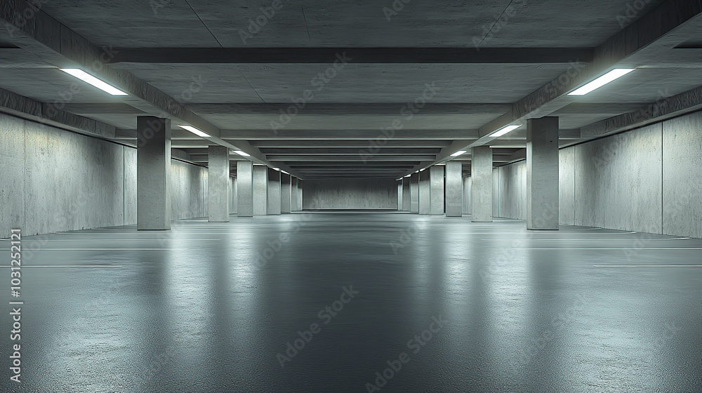 Modern underground parking lot with a white painted floor, LED lighting Modern underground parking lot with a white painted floor, LED lighting